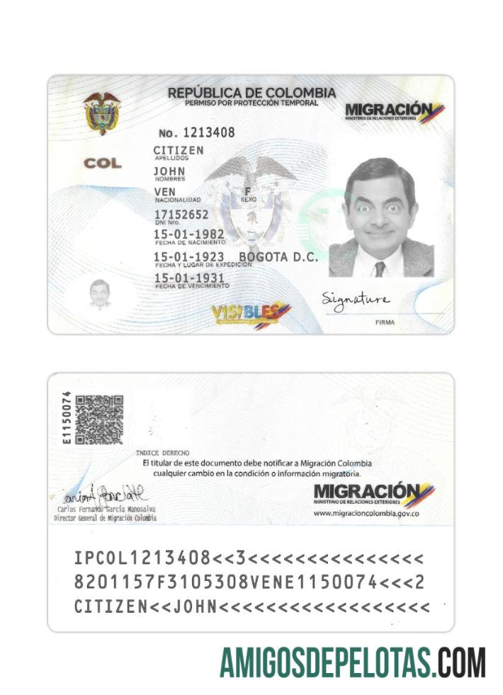 Cartão de licença de proteção temporária da Colômbia modelo